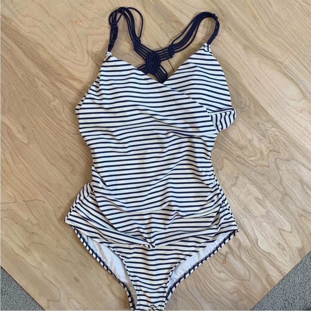 Nautical Stripe Swimsuit with Macrame Straps Navy White Size XL